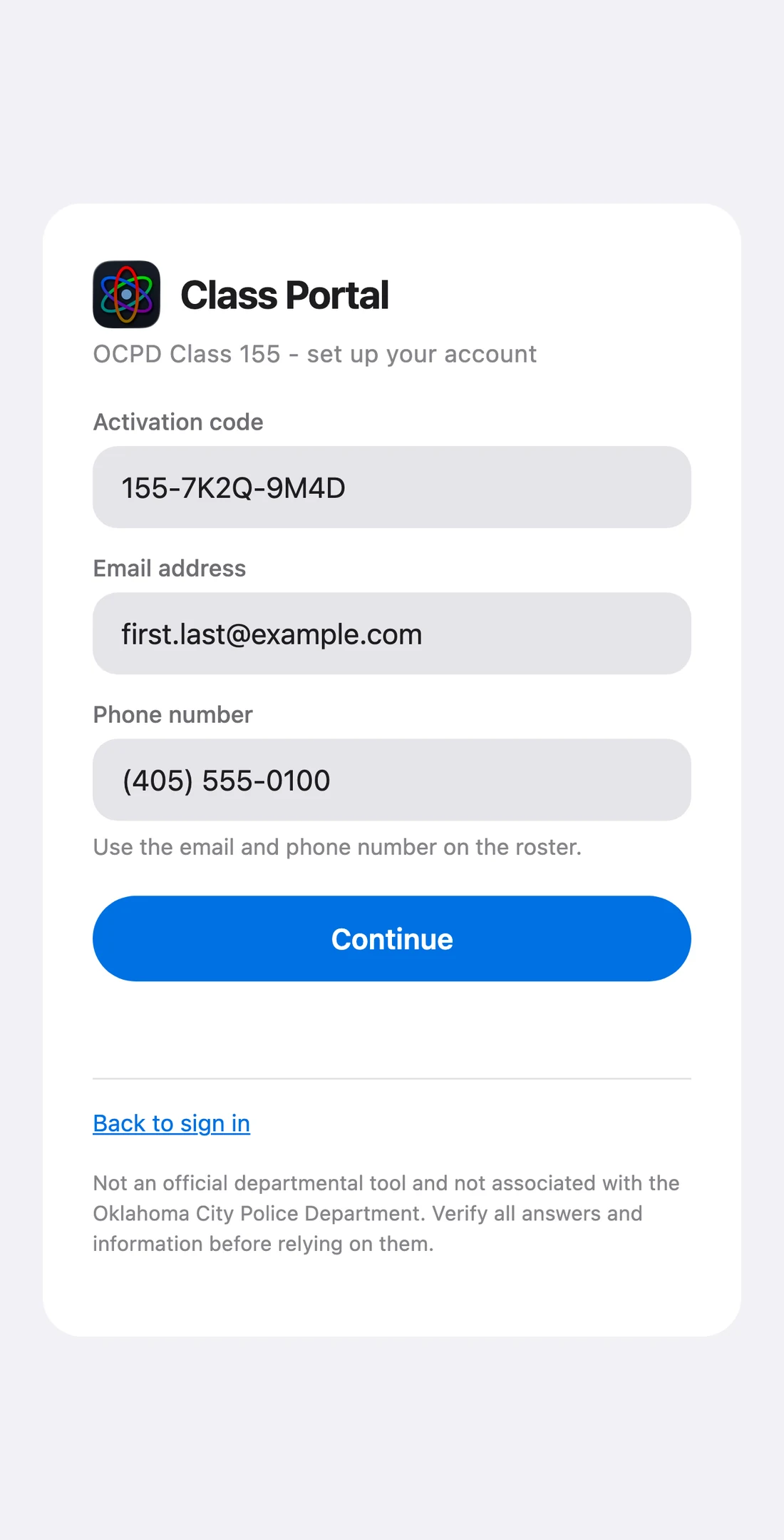 The activation screen with the code, email and phone number filled in