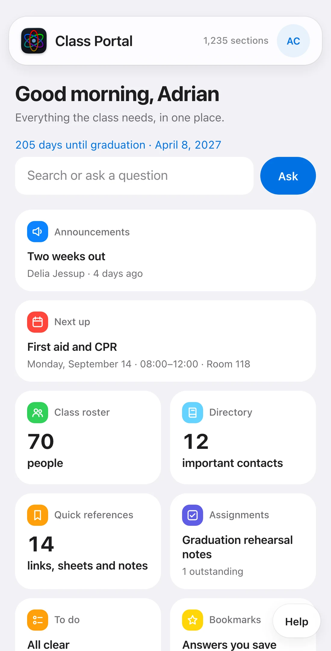 The Class Portal home screen