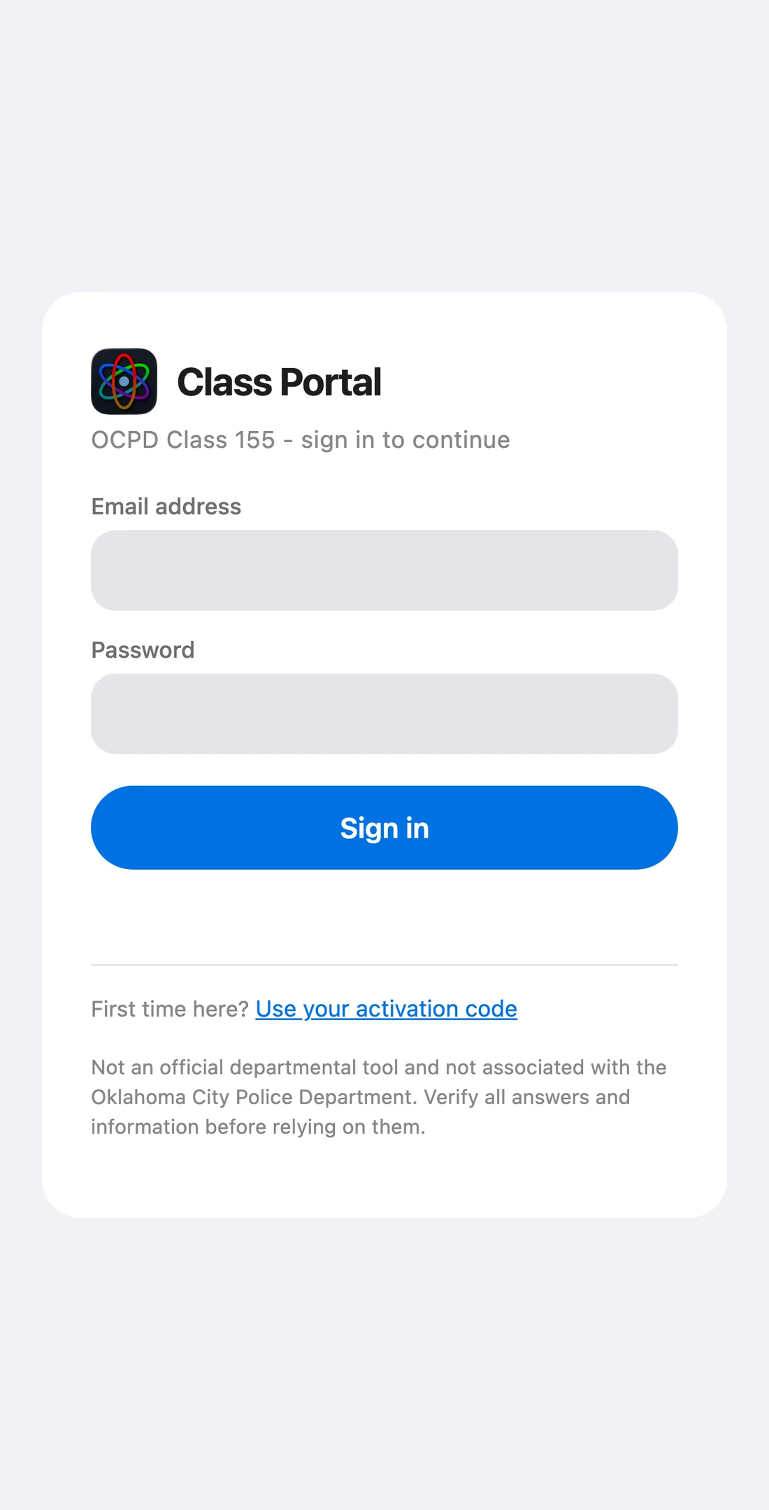 The Class Portal sign-in screen